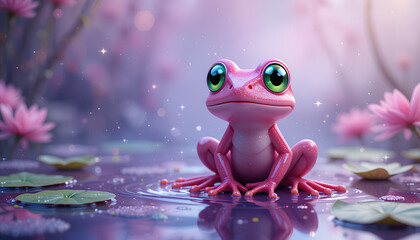 A vibrant pink frog with large expressive green eyes sitting on a glossy reflective surface. The background should be a dreamy gradient of soft purples and blues
