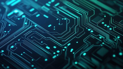 Futuristic Circuit Board with Blue and Green Light Patterns