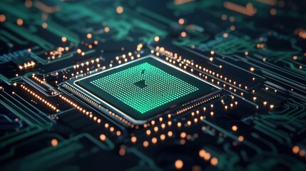 Obraz premium Abstract Digital Circuit Board with Green LED Light and Microchip