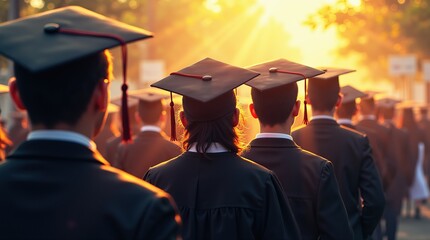 Graduates Walking in Caps and Gowns Under the Warm Glow of the Sunset