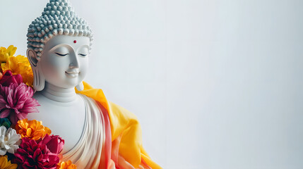  Buddha statue adorned with vibrant flowers and draped in an orange robe on white isolated background. Buddha's birthday Illustration