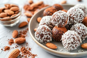 Coconut almond bliss balls on rustic plate. AI generated