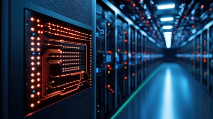 Advanced Data Center with Server Racks, Circuit Board Design, LED Lights, and Glowing Connections