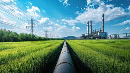 Industrial Power Plant in Green Field under Blue Sky with Pipeline and Modern Infrastructure