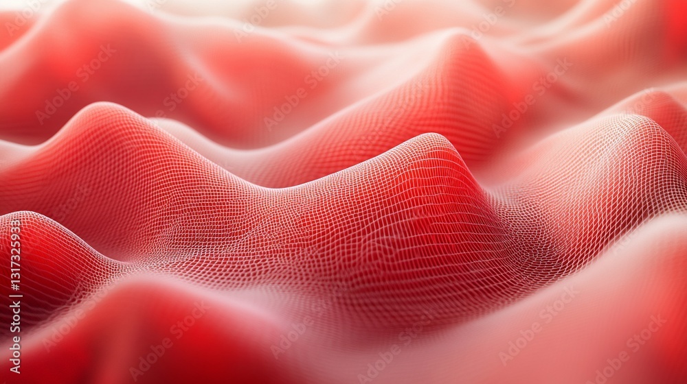 Poster abstract red waveform grid: digital landscape of undulating curves and interconnected nodes