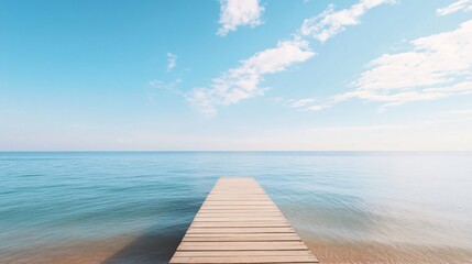 Fototapeta premium Serene wooden dock leading into calm lake, tranquil waters reflecting clear blue sky, ideal for relaxation and meditation.
