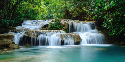The lush, tropical waterfall landscape featuring multi-tiered cascades flowing over moss-covered rocks into turquoise pools, surrounded by dense, vibrant green forest vegetation. Generative AI