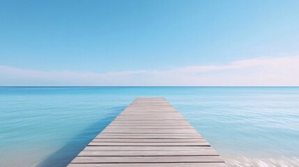 Fototapeta premium Peaceful dock extending over tranquil blue waters, serene coastal atmosphere, perfect for relaxation and meditation.