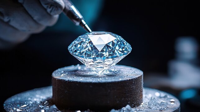 Close-up of a craftsman shaping a brilliant diamond on a spinning lapidary wheel, focusing on intricate details.