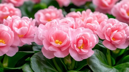 Fototapeta premium Close up view of delicate light pink flowers with yellow centers, lush green foliage, and water droplets.