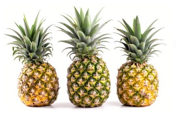 Three pineapples aligned on white background. AI generated