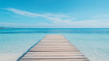 Fototapeta premium Tranquil seaside pier, wooden pathway leading into clear turquoise water, perfect for relaxation and escape, ample text space.