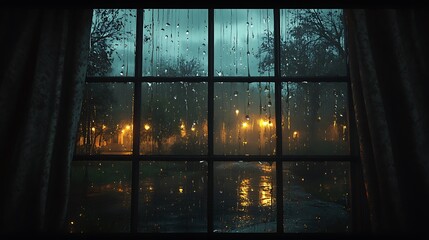 Raindrops clinging to a windowpane, curtains slightly open to reveal a foggy park with dim streetlights glowing faintly in the distance, soft shadows and reflections enhancing the moody ambiance,