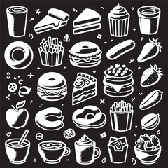 chalk food icon vector illustrations. wedding dinner icons, wine or champagne glass, cheese, and charcuterie drawings for wedding invitations, cafe menus, and parties