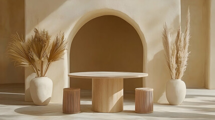Fototapeta premium Sunlit minimalist room, wooden table and stools, pampas grass, arched alcove, interior design