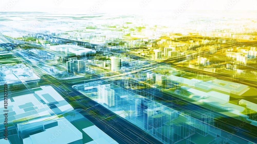Aufkleber Abstract rendering of urban planning layered geometric line representing road building open space