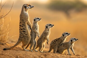 A group of meerkats standing alert on sandy terrain in golden sunlight.