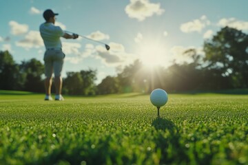 Golf ball close-up on sunny course with golfer in background. AI generative