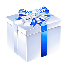 Obraz premium A beautifully wrapped gift box featuring a shiny white exterior with a light blue ribbon and bow, perfect for any celebration or occasion
