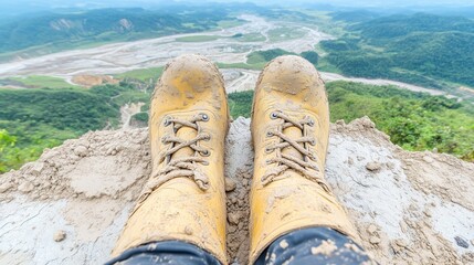 Fototapeta premium Muddy hiking boots on mountain peak overlooking valley 