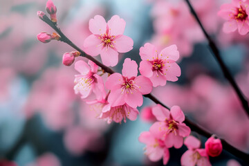 Naklejka premium Beautiful sakura blossoms in full bloom, showcasing the delicate and iconic beauty of Japanese cherry trees. A symbol of spring, renewal, and fleeting elegance.