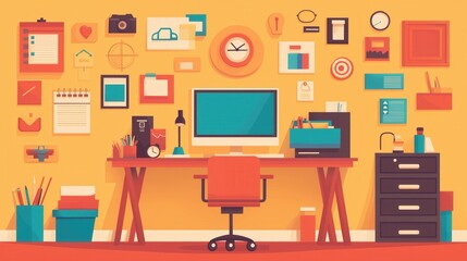 an illustration of a modern and organized office desk with computer and office supplies