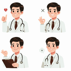 Illustrations featuring smiling doctor in different poses and positive expressions