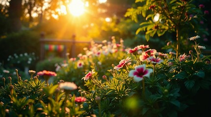 Beautiful flowers blooming in a garden at sunset with warm sunlight filtering through