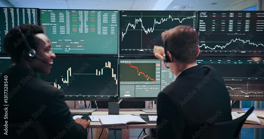 Poster men, graphs and computer screen for stock market, handshake and headset with stats, analysis or revi