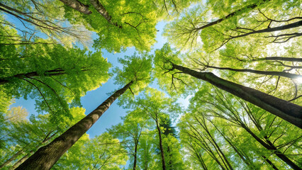 Fototapeta premium Lush green forest canopy, looking up at treetops, sky visible through branches