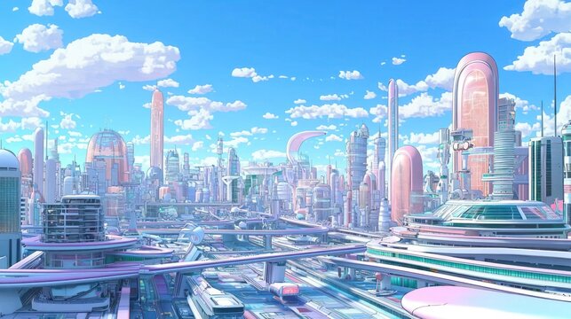 Pixel Art Cityscape Under a Bright Blue Sky with Modern Futuristic Architecture