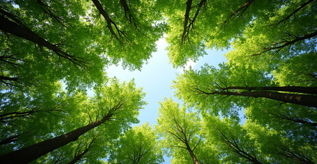 Obraz premium Lush green forest canopy, looking up at treetops, sky visible through branches