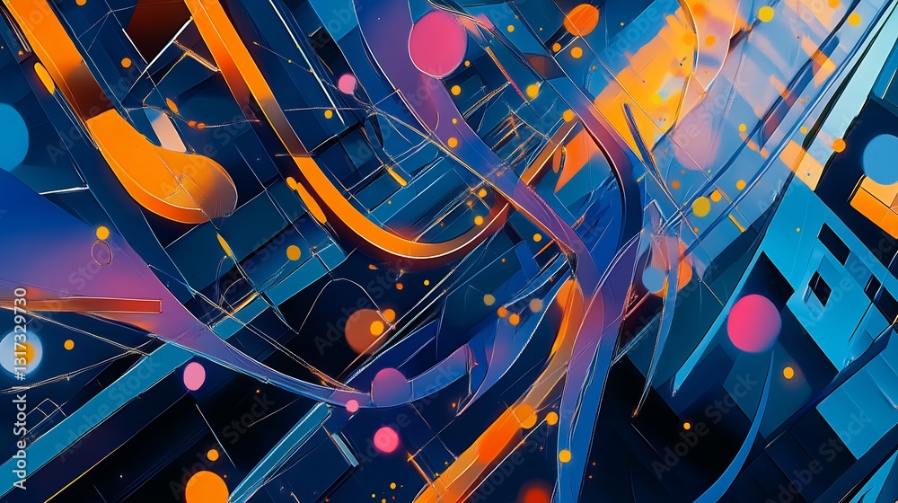 Poster abstract rendering of venture capital showcasing symbolic pathways geometric nodes startup investmen