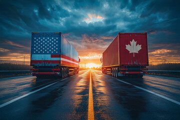 Trucks with usa and canada flags driving on highway at sunset representing international trade between countries