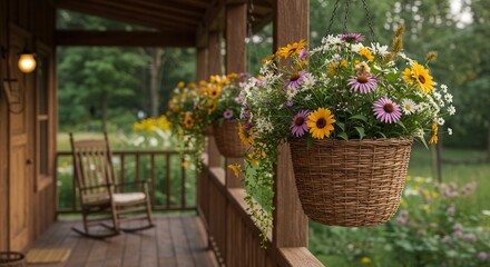 Hanging Flower Baskets Adorning Cozy Porch with Rocking Chairs