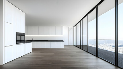 Fototapeta premium Modern white kitchen with city view, minimalist design, spacious, wooden floor, perfect for real estate listings