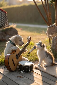 A playful dog and cat band performs outdoors with guitar, drum, and microphone.