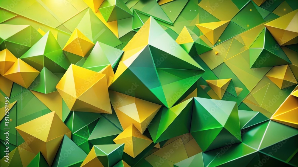 Poster A vibrant abstract composition featuring a chaotic arrangement of interlocked green and yellow geometric shapes, creating a visually dynamic and energetic design.