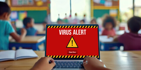 Virus warning alert on computer screen detected brisk cyber threat , hacker, computer virus and malware