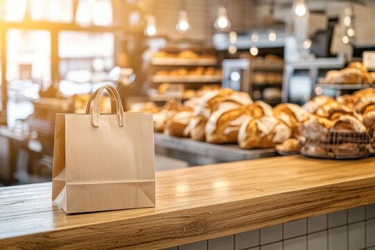 Bakery counter with fresh bread and a paper bag ready for a customer