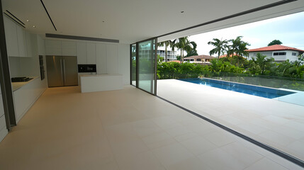 Modern kitchen opens to poolside tropical view; luxury home interior design; real estate marketing