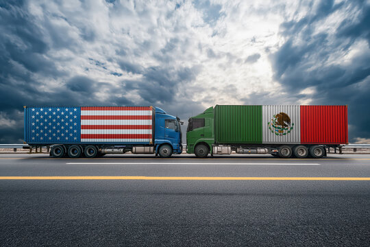 Trucks with american and mexican flags facing each other on a highway