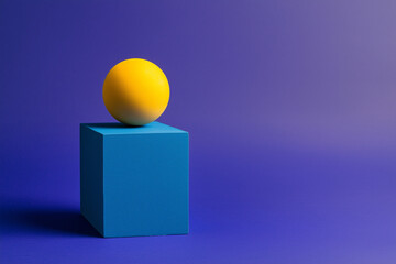 Fototapeta premium Abstract Still Life Yellow Sphere on Blue Cube, Purple Background
