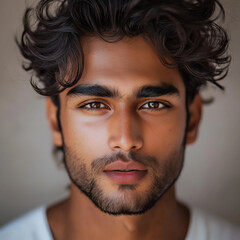 Obraz premium Portrait of a young man with dark, curly hair and a beard.
