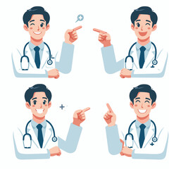Cheerful cartoon doctor pointing in different directions for healthcare advice