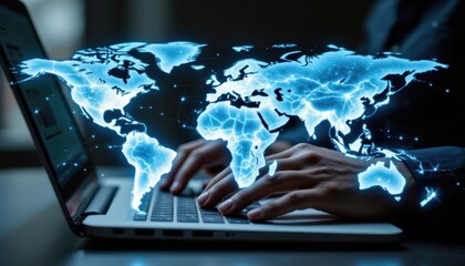 The image features a captivating double exposure effect, combining an abstract digital world map with interconnected lines symbolizing data flow and communication