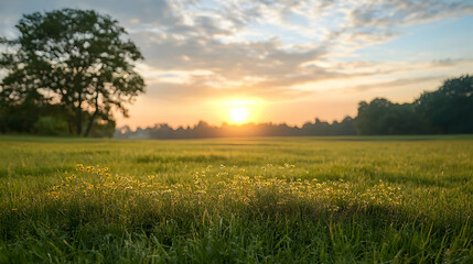 Golden Sunrise Over Dew-Kissed Meadow with Lush Green Grass and a Lone Tree in the Background