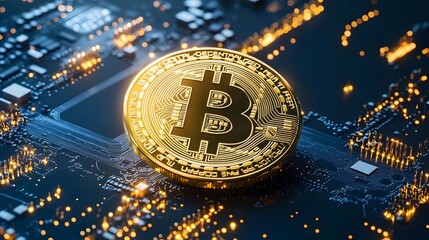 A futuristic illustration of Bitcoin blockchain cryptocurrency mining technology, representing digital currency and financial innovation