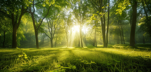 Naklejka premium A lush green forest with sunlight gently filtering through the dense foliage of tall trees, creating a serene and natural ambiance.