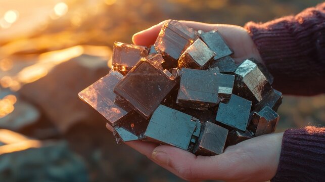 Pyrite cubes held in hands, lit by warm light. Sparkly, square mineral crystals